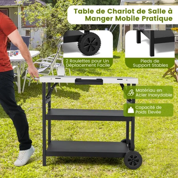Desserte Extérieure à Roulettes à 3 Étagères Chariot Service de Cuisine Étagère Réglable Épices Porte-Serviettes Porte-Mouchoirs Noir