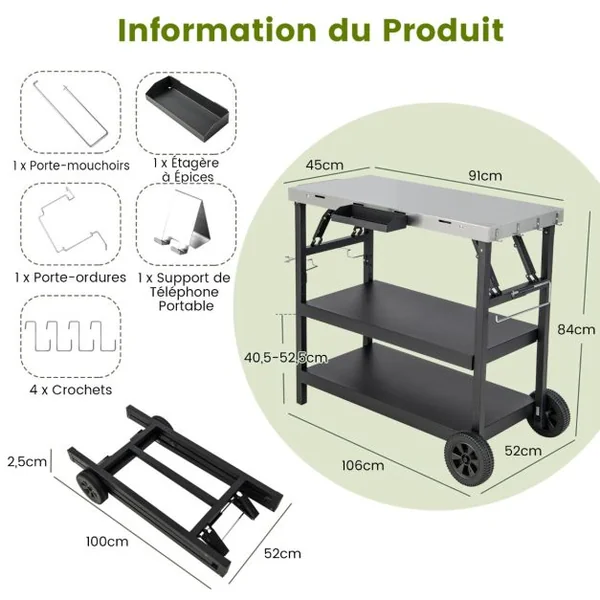 Desserte Extérieure à Roulettes à 3 Étagères Chariot Service de Cuisine Étagère Réglable Épices Porte-Serviettes Porte-Mouchoirs Noir