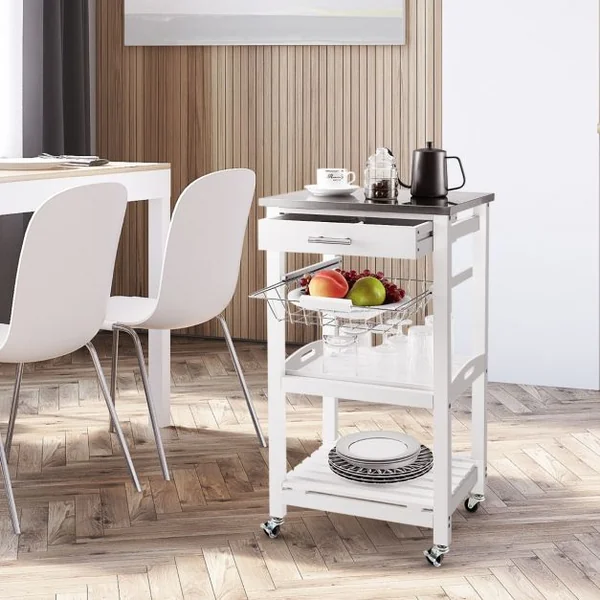 Desserte sur Roues avec Comptoir en Acier Inoxydable 47x39x85CM Blanc