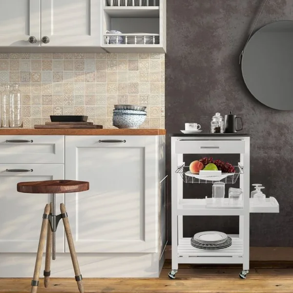 Desserte sur Roues avec Comptoir en Acier Inoxydable 47x39x85CM Blanc