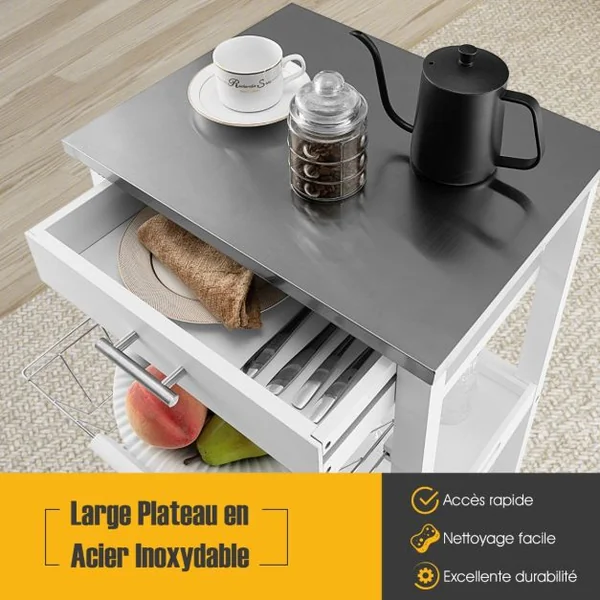Desserte sur Roues avec Comptoir en Acier Inoxydable 47x39x85CM Blanc