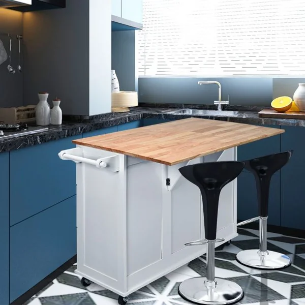 Desserte sur Roulettes Service de Cuisine de Roulant avec Plans de Travail Rabattable en Bois Armoire de Rangement Blanc/Noir