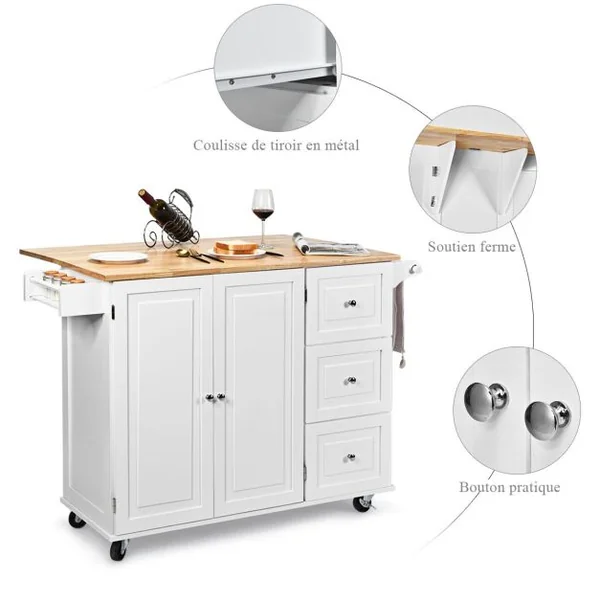 Desserte sur Roulettes Service de Cuisine de Roulant avec Plans de Travail Rabattable en Bois Armoire de Rangement Blanc/Noir