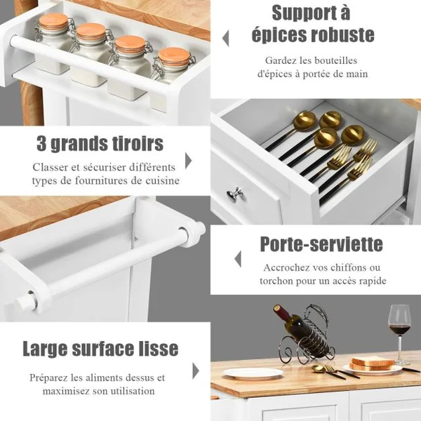 Desserte sur Roulettes Service de Cuisine de Roulant avec Plans de Travail Rabattable en Bois Armoire de Rangement Blanc/Noir