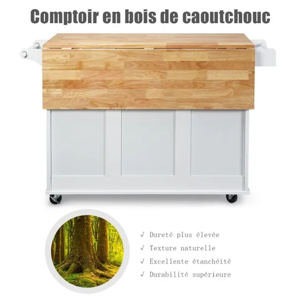 Desserte sur Roulettes Service de Cuisine de Roulant avec Plans de Travail Rabattable en Bois Armoire de Rangement Blanc/Noir