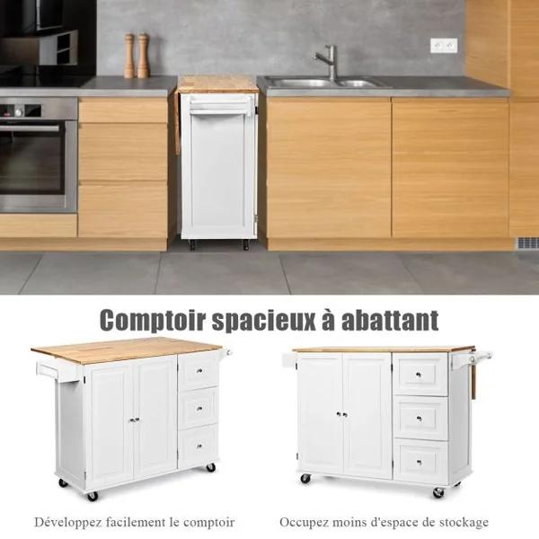 Desserte sur Roulettes Service de Cuisine de Roulant avec Plans de Travail Rabattable en Bois Armoire de Rangement Blanc/Noir