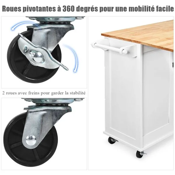 Desserte sur Roulettes Service de Cuisine de Roulant avec Plans de Travail Rabattable en Bois Armoire de Rangement Blanc/Noir