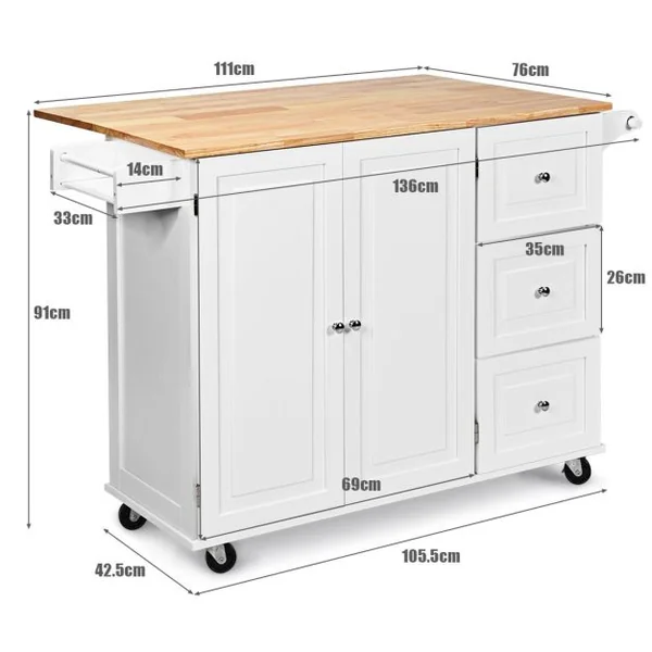 Desserte sur Roulettes Service de Cuisine de Roulant avec Plans de Travail Rabattable en Bois Armoire de Rangement Blanc/Noir