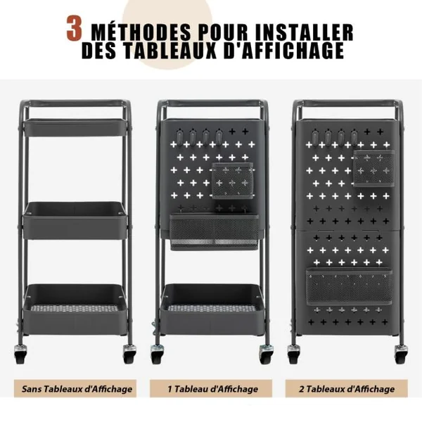 Desserte à Roulettes 3 Niveaux en Acier Anti-rouille avec 2 Panneaux P erforés 4 Crochets 2 Panier de Rangement Gris/Blanc