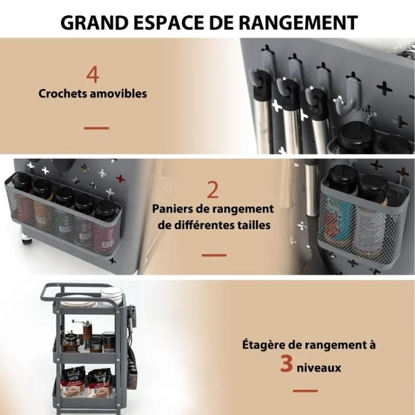Desserte à Roulettes 3 Niveaux en Acier Anti-rouille avec 2 Panneaux P erforés 4 Crochets 2 Panier de Rangement Gris/Blanc