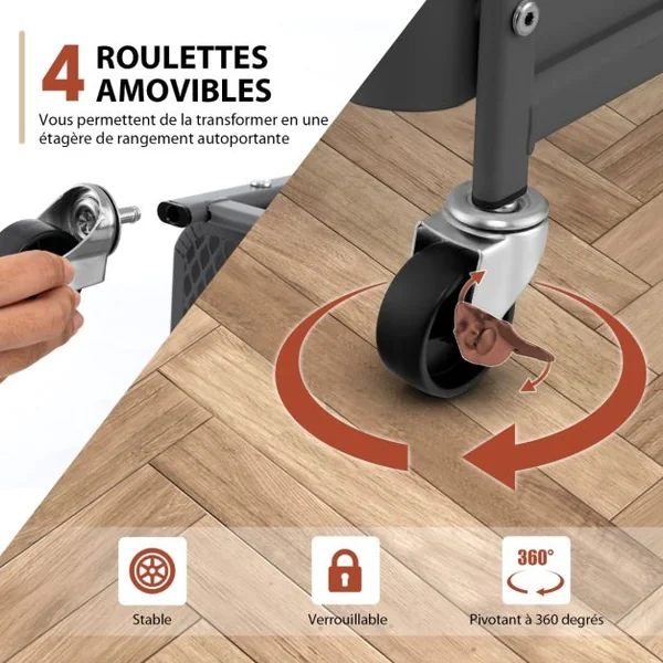 Desserte à Roulettes 3 Niveaux en Acier Anti-rouille avec 2 Panneaux P erforés 4 Crochets 2 Panier de Rangement Gris/Blanc