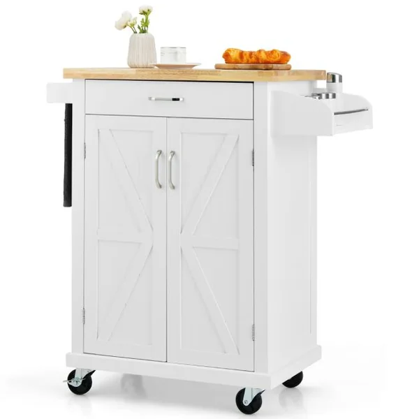 Desserte à Roulettes de Cuisine 2 Portes Tiroir Chariot de Cuisine à Service Porte-épices Porte-serviettes Blanc