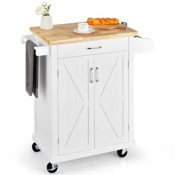 Desserte à Roulettes de Cuisine 2 Portes Tiroir Chariot de Cuisine à Service Porte-épices Porte-serviettes Blanc