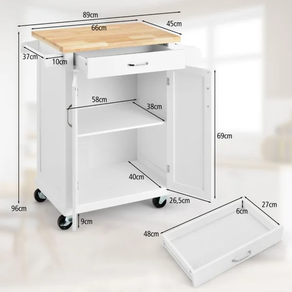 Desserte à Roulettes de Cuisine 2 Portes Tiroir Chariot de Cuisine à Service Porte-épices Porte-serviettes Blanc