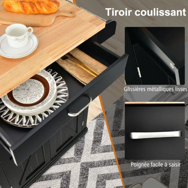 Desserte à Roulettes de Cuisine 2 Portes Tiroir Chariot de Cuisine à Service Porte-épices Porte-serviettes Noir