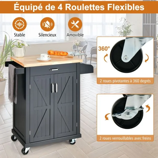 Desserte à Roulettes de Cuisine 2 Portes Tiroir Chariot de Cuisine à Service Porte-épices Porte-serviettes Noir