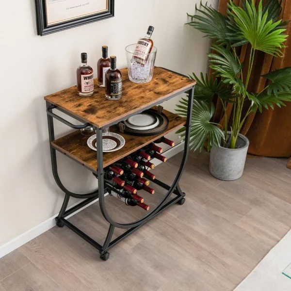 Desserte/Chariot de Cuisine avec Porte-bouteilles Casier à Vin Industriel à 2 Niveaux pour 15 Bouteilles avec Porte-gobelet