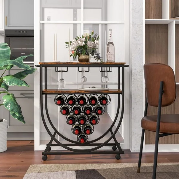Desserte/Chariot de Cuisine avec Porte-bouteilles Casier à Vin Industriel à 2 Niveaux pour 15 Bouteilles avec Porte-gobelet