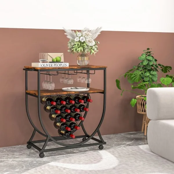 Desserte/Chariot de Cuisine avec Porte-bouteilles Casier à Vin Industriel à 2 Niveaux pour 15 Bouteilles avec Porte-gobelet