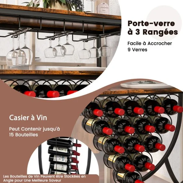 Desserte/Chariot de Cuisine avec Porte-bouteilles Casier à Vin Industriel à 2 Niveaux pour 15 Bouteilles avec Porte-gobelet