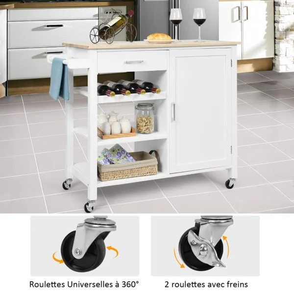 Desserte/Chariot de Cuisine à Roulettes 100 x 48 x 90 CM îlot de Cuisine Tiroir Placard Porte-serviettes Marron
