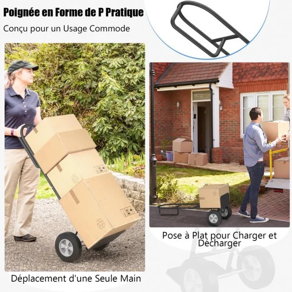Diable Pliable avec Roues de 25 cm Poignée en P Rond Zone de Chargement Pliable Capacité 300 kg Chariot de Transport 51 cm x 48 cm x 132 cm Noir
