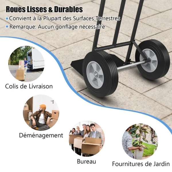 Diable Pliable avec Roues de 25 cm Poignée en P Rond Zone de Chargement Pliable Capacité 300 kg Chariot de Transport 51 cm x 48 cm x 132 cm Noir