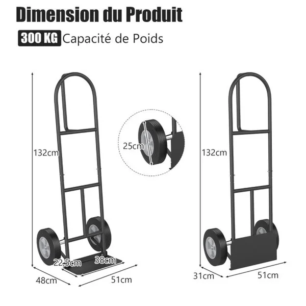 Diable Pliable avec Roues de 25 cm Poignée en P Rond Zone de Chargement Pliable Capacité 300 kg Chariot de Transport 51 cm x 48 cm x 132 cm Noir