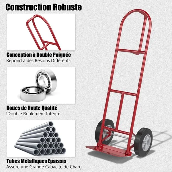 Diable Pliable avec Roues de 25 cm Poignée en P Rond Zone de Chargement Pliable Capacité 300 kg Chariot de Transport 51 cm x 48 cm x 132 cm Rouge