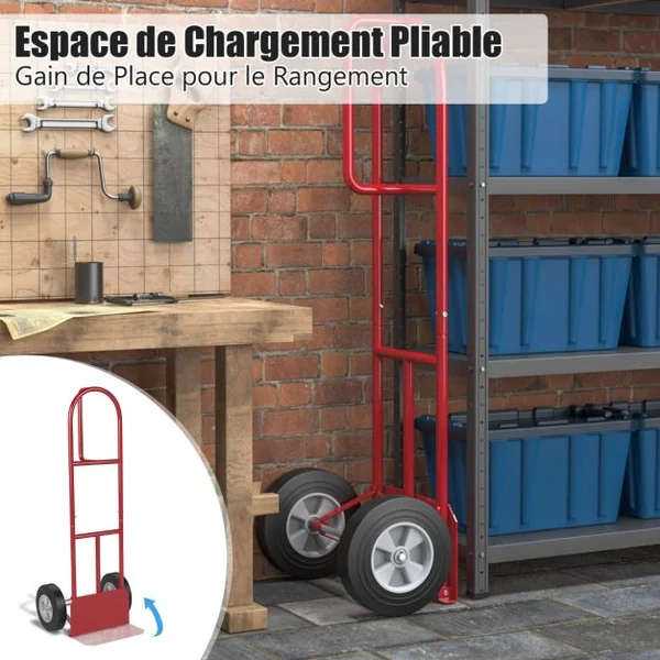 Diable Pliable avec Roues de 25 cm Poignée en P Rond Zone de Chargement Pliable Capacité 300 kg Chariot de Transport 51 cm x 48 cm x 132 cm Rouge