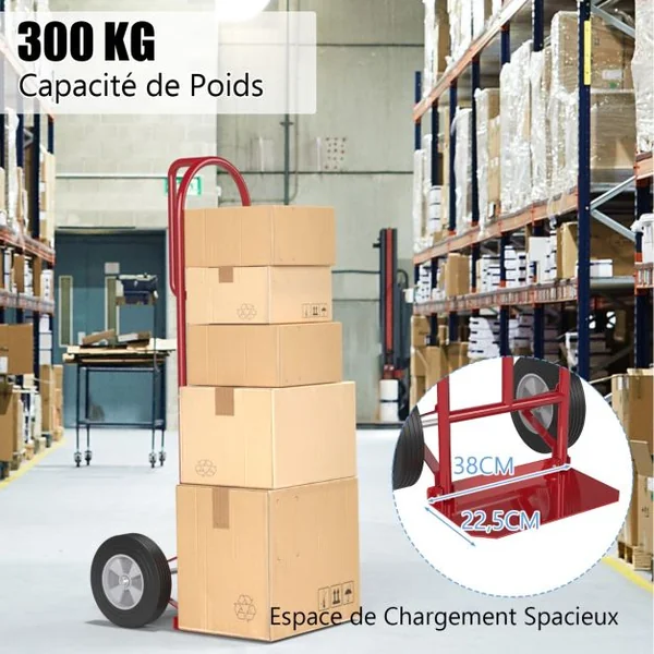 Diable Pliable avec Roues de 25 cm Poignée en P Rond Zone de Chargement Pliable Capacité 300 kg Chariot de Transport 51 cm x 48 cm x 132 cm Rouge