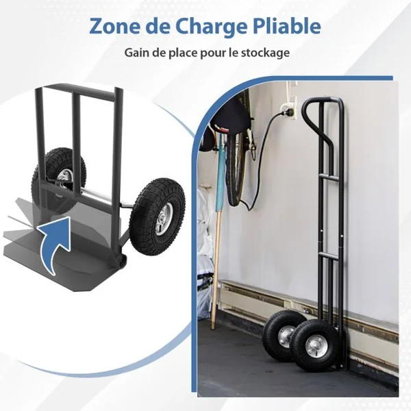 Diable Pliable avec Roues de 25 cm Poignée en P Rond Zone de Chargement Pliable Capacité 300 kg Chariot de Transport 54 cm x 48 cm x 132 cm Noir