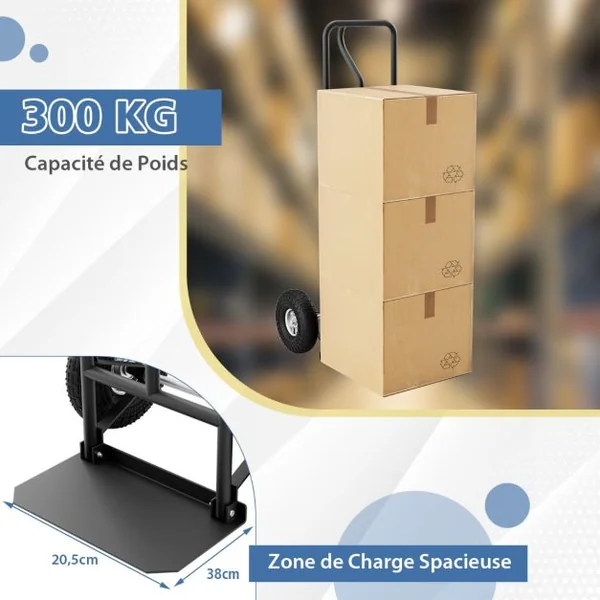 Diable Pliable avec Roues de 25 cm Poignée en P Rond Zone de Chargement Pliable Capacité 300 kg Chariot de Transport 54 cm x 48 cm x 132 cm Noir