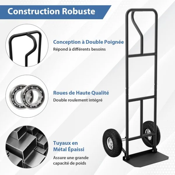 Diable Pliable avec Roues de 25 cm Poignée en P Rond Zone de Chargement Pliable Capacité 300 kg Chariot de Transport 54 cm x 48 cm x 132 cm Noir
