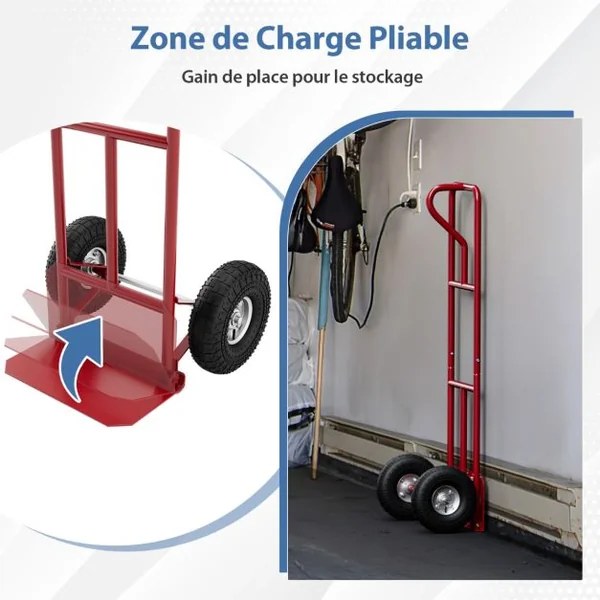 Diable Pliable avec Roues de 25 cm Poignée en P Rond Zone de Chargement Pliable Capacité 300 kg Chariot de Transport 54 cm x 48 cm x 132 cm Rouge