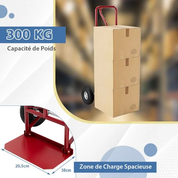 Diable Pliable avec Roues de 25 cm Poignée en P Rond Zone de Chargement Pliable Capacité 300 kg Chariot de Transport 54 cm x 48 cm x 132 cm Rouge