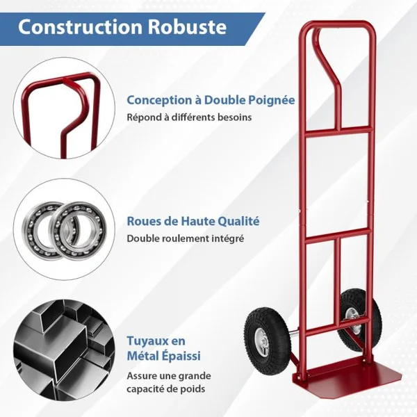 Diable Pliable avec Roues de 25 cm Poignée en P Rond Zone de Chargement Pliable Capacité 300 kg Chariot de Transport 54 cm x 48 cm x 132 cm Rouge