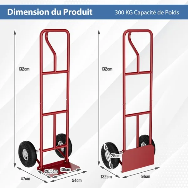 Diable Pliable avec Roues de 25 cm Poignée en P Rond Zone de Chargement Pliable Capacité 300 kg Chariot de Transport 54 cm x 48 cm x 132 cm Rouge