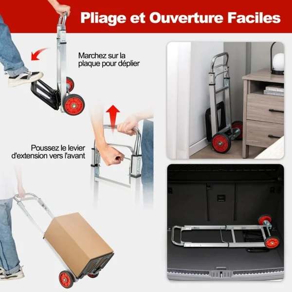 Diable Pliant en Aluminium Charge 100 KG Diable de Manutention Déménagement Léger & Compact avec 2 Roues pour Maison Entrepôt Shopping