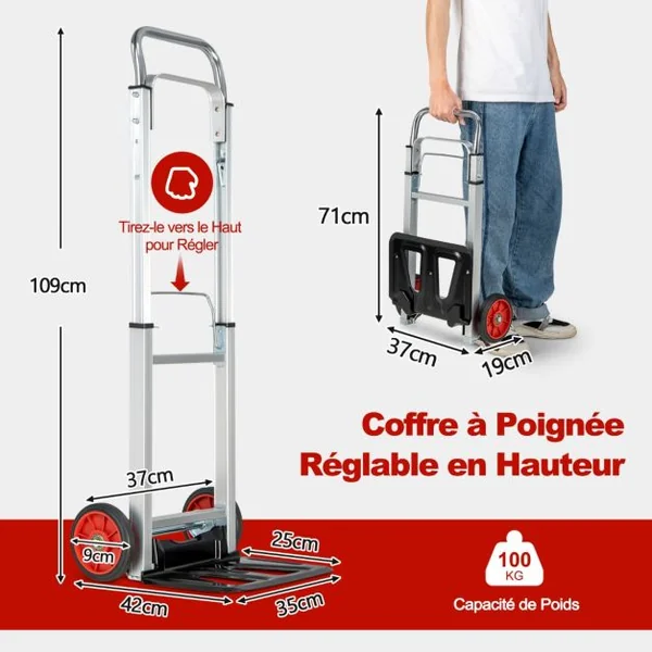 Diable Pliant en Aluminium Charge 100 KG Diable de Manutention Déménagement Léger & Compact avec 2 Roues pour Maison Entrepôt Shopping
