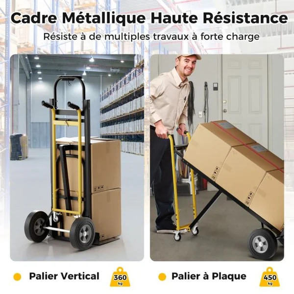 Diable Pliant en Métal 3 en 1 avec 4 Roues en Caoutchouc Chariot de Transport Industriel Robuste Capacité 450 Kg Noir+Jaune