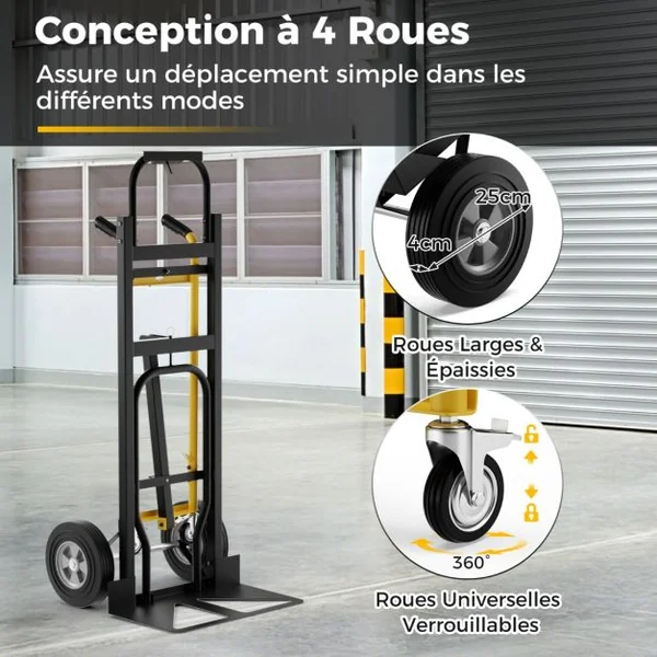 Diable Pliant en Métal 3 en 1 avec 4 Roues en Caoutchouc Chariot de Transport Industriel Robuste Capacité 450 Kg Noir+Jaune