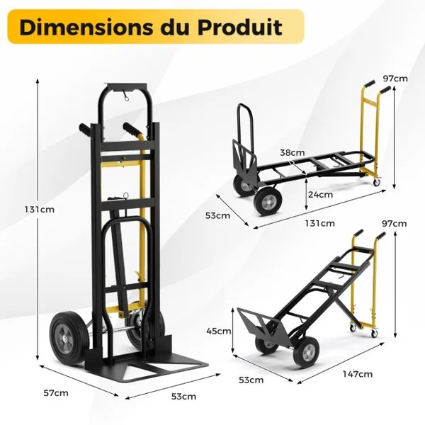 Diable Pliant en Métal 3 en 1 avec 4 Roues en Caoutchouc Chariot de Transport Industriel Robuste Capacité 450 Kg Noir+Jaune