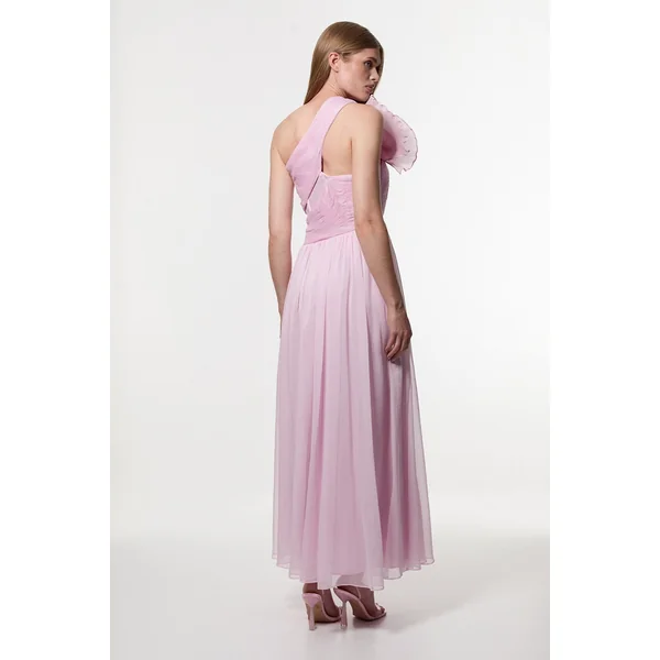 Digital Ophelia Crinkle Georgette Fine Pleated One Shoulder Woven Maxi Dress