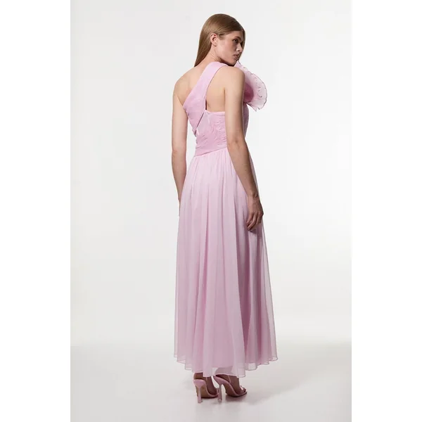 Digital Ophelia Crinkle Georgette Fine Pleated One Shoulder Woven Maxi Dress