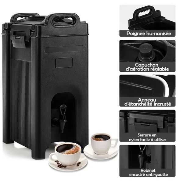Distributeur de Boissons Isotherme 20 L en LLDPE Thermos Conteneur Portable avec Coque Double Paroi Sans Soudure et Robinet à Ressort Noir