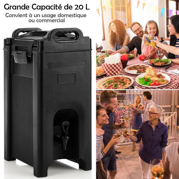 Distributeur de Boissons Isotherme 20 L en LLDPE Thermos Conteneur Portable avec Coque Double Paroi Sans Soudure et Robinet à Ressort Noir