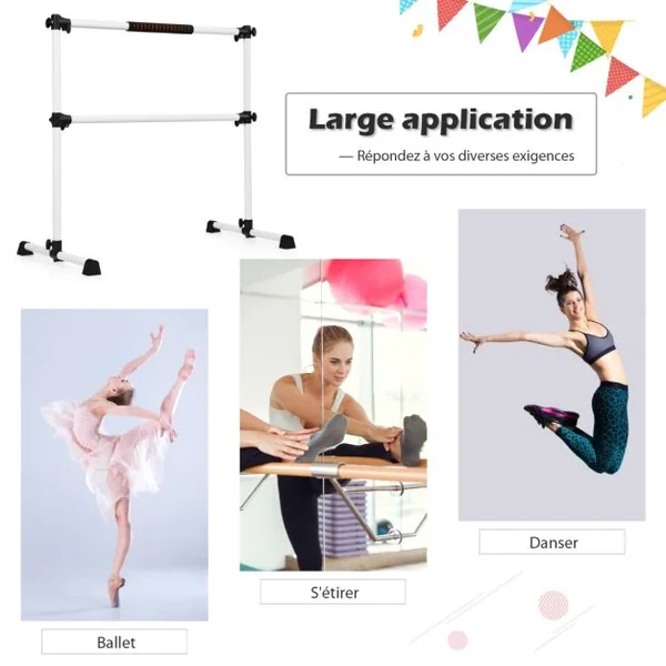 Double Barre de Danse Classique Hauteur Réglable 20-119CM avec Eponge Base Rotative Charge Max 50KG pour Gymnase Tractio Argent/Rose/Violet