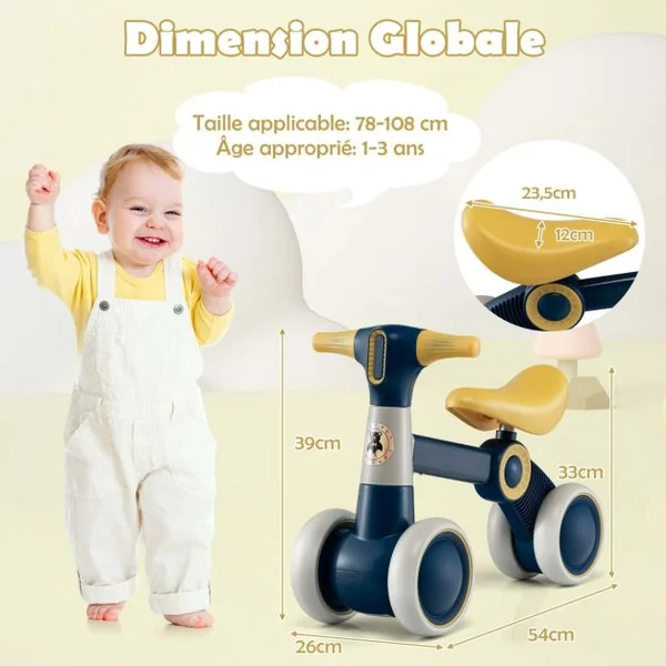 Draisienne Bébé 1-3 Ans avec 4 Roues Vélo d’Equilibre pour Enfants Cadeau Anniversaire 54 x 26 x 39 cm (L x l x H) Jaune