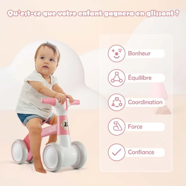 Draisienne Bébé 1-3 Ans avec 4 Roues Vélo d’Equilibre pour Enfants Cadeau Anniversaire 54 x 26 x 39 cm (L x l x H) Rose
